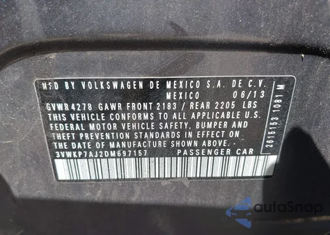 2013 Volkswagen Jetta Sportwagen 2.5L S из США, поврежденный, VIN 3VWKP7AJ2DM697157